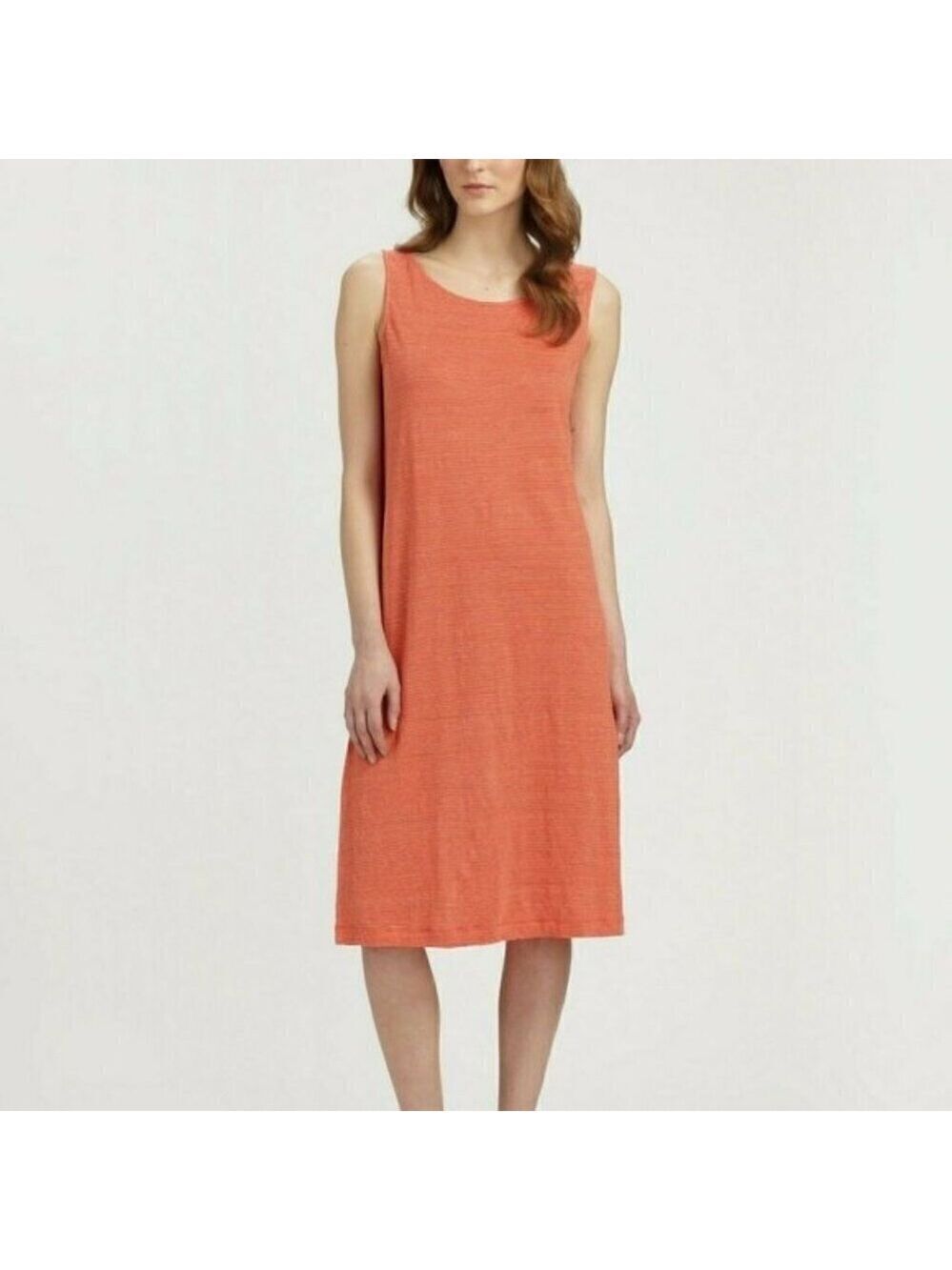 Eileen Fisher 100% Linen Orange Pinstripe Sleeveless Tunic Shift Dress - Small